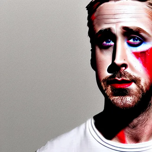 Image similar to ryan gosling with his face painted black and his lips painted red wearing a white shirt, digital art, highly detailed