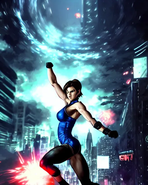 Image similar to gigachad jill valentine bodybuilder jumping in front of a atomic blast fighting wearing a suit in the fight club city, fantasy character portrait, ultra realistic, anime key visual, full body concept art, intricate details, highly detailed by greg rutkowski, ilya kuvshinov, gaston bussiere, craig mullins, simon bisley