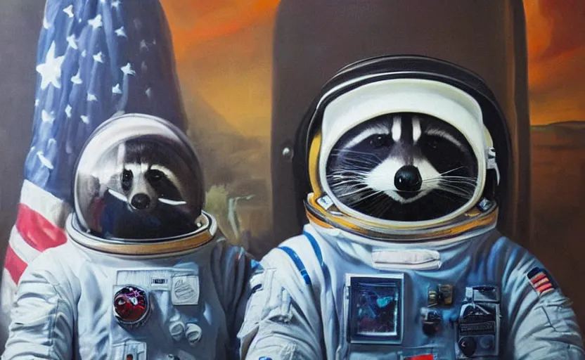 Image similar to oil painting of a racoon in a astronaut suit with helmet, 35mm, photo, Epic, cinematic