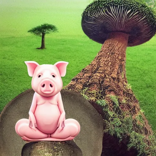 Prompt: a cute pig, meditating like buddha wearing mala beads, on top of a giant mushroom, large willow tree in the background.