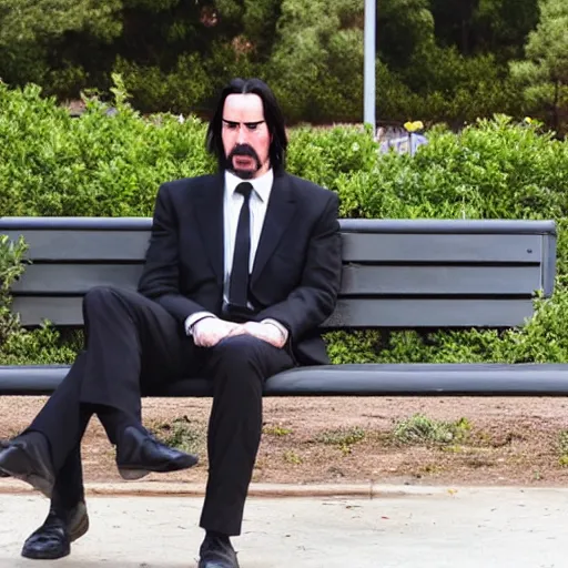 Image similar to Sad Keanu Reeves In a business black suit, sitting on a bench and sad, focus in the foreground, realism, details,