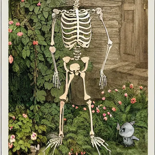 Prompt: garden skeleton by Beatrix Potter