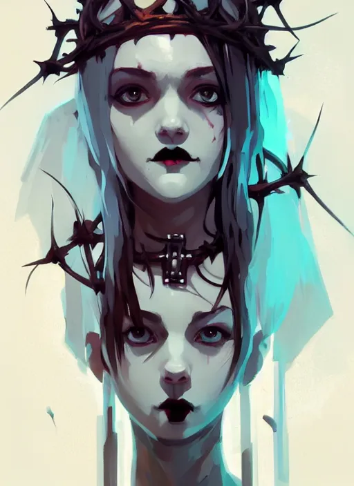 Image similar to portrait of cute goth maiden girl with crown of thorns and white short hairs, warhammer, cyberpunk, by atey ghailan, by greg rutkowski, by greg tocchini, by james gilleard, by joe gb fenton, by kaethe butcher, dynamic lighting, gradient light blue, brown, blonde cream and white color in scheme, grunge aesthetic