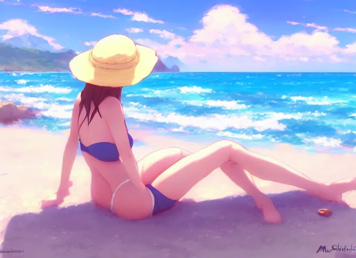 Image similar to a cute girl in a bikini and sunhat sitting on a towel on the beach, rocky mountains far in the distance, fluffy clouds on the horizon, by makoto shinkai an krenz cushart