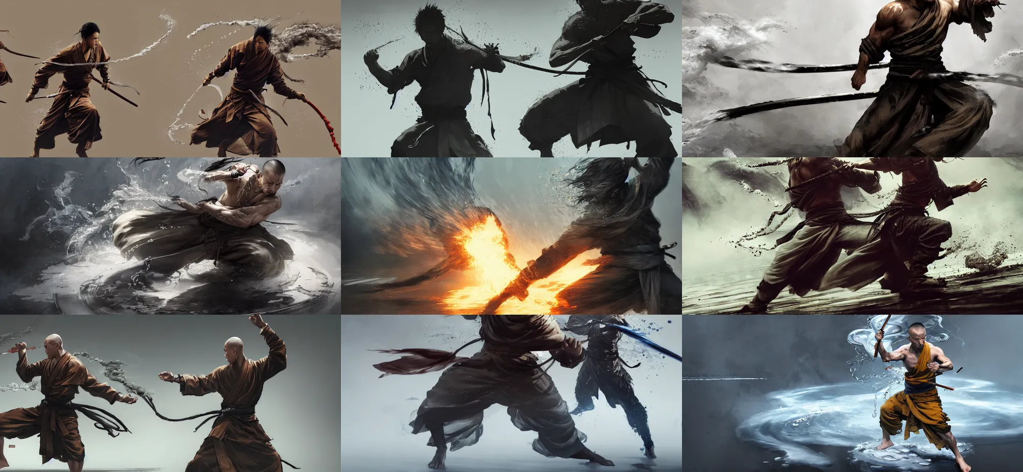 Prompt: Epic action scene, Concept art of a waterbender monk, water follow his movement, surrounded by smoke, full body wuxia, shaolin martial arts by Akihito Yoshitomi AND Yoji Shinkawa AND Greg Rutkowski, Mark Arian trending on artstation, 4k