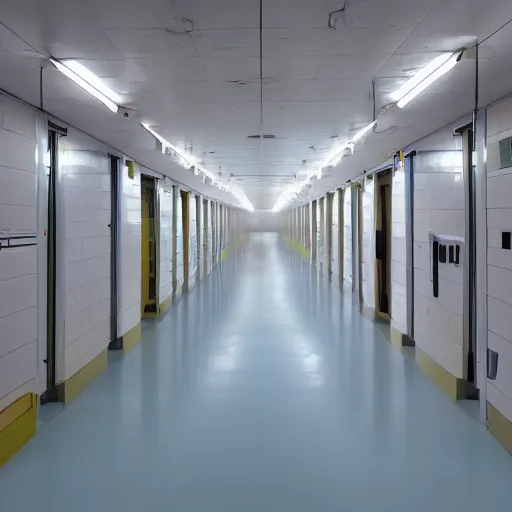 Image similar to noisy color photograph of a retrofuturist liminal space, laboratory, prison, clean, shiny floor, minimalist, beautiful shadows