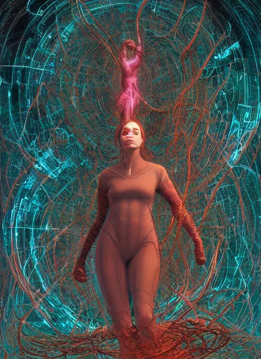 Image similar to Wanda Maximoff, dynamic pose, glowing, wires everywhere, by Edgar Maxence and Ross Tran, Zdzisław Beksiński, and Michael Whelan, distant, gustav dore, H.R. Giger, 8k, octane render