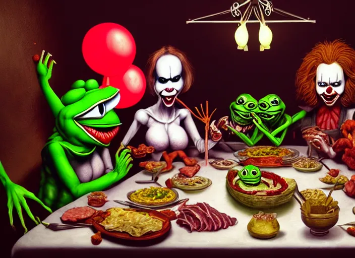 Prompt: hyper realistic detailed image of last supper of athletic pepe the frog and vampire clown couple in old restaurant with raw meat dishes and various drinks, pennywise makeup, by ayami kojima, amano, beeple, greg hildebrandt, and mark brooks, mystical, rich deep colors, cinematic light, long cinematic shot, extremely detailed, very coherent symmetrical artwork, 8 k