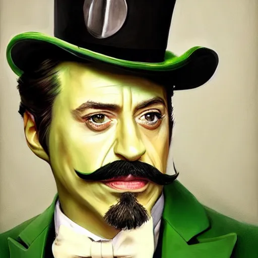 Image similar to hyper realistic portrait painting, beautifully rendered, robert downey jr. as dapper fancy luigi, moustache, wearing a green top hat, green suit and bowtie, smirking deviously, painted by greg rutkowski, wlop, artgerm, dishonored 2