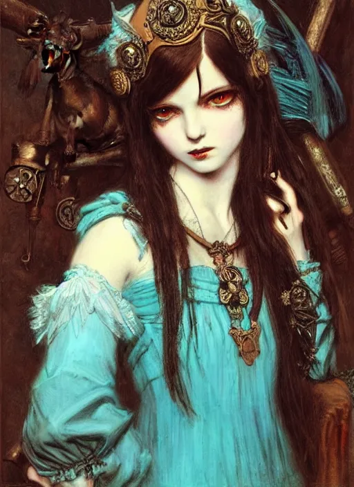 Prompt: ( ( gothic # ) ) princess portrait *. *. by william henry hunt * *, highly detailded, turquoise rust, steampunk, battle angel alita