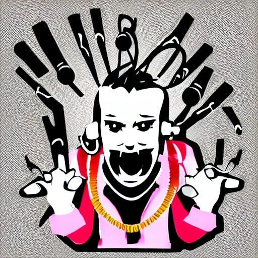 Image similar to svg vector sticker of absolutely insane-mad-scientist-villain, rocking out, wearing headphones, huge speakers, dancing, rave, DJ, spinning records, digital art, amazing composition, rule-of-thirds, award-winning, trending on artstation, featured on deviantart