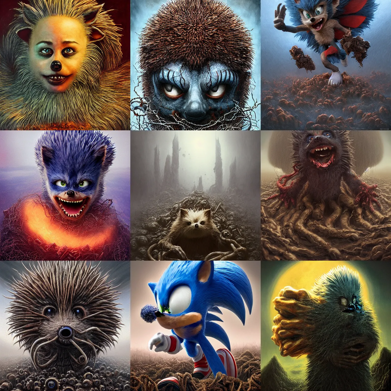 Prompt: Haunting horrifying hyperrealistic sonic the hedgehog portrait, atop a giant pile of soulless husk pigs in a foggy hellscape, dystopian feel, heavy metal, disgusting, creepy, unsettling, in the style of Michael Whelan and Zdzisław Beksiński, lovecraftian, hyper detailed, trending on Artstation, rusted