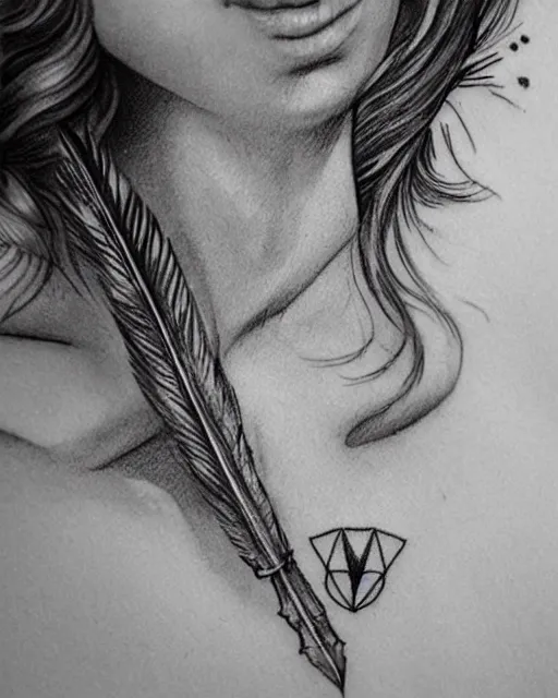 Image similar to tattoo sketch of beautiful greek goddess aphrodite with arrowhead earrings, beautiful feather jewelry, beautiful piercing eyes, flowing blonde hair, realistic face, hyper realistic, in the style of greg rutkowski, fantasy, amazing detail, epic, elegant, smooth, sharp focus, from the front