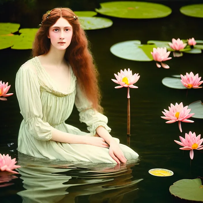 Prompt: Kodak Portra 400, 8K, soft light, volumetric lighting, highly detailed, britt marling style 3/4 ,portrait photo of a beautiful woman how pre-Raphaelites painter, with her face emerging from the water of a pond with water lilies, a beautiful lace dress and hair are intricate with highly detailed realistic beautiful flowers , Realistic, Refined, Highly Detailed, natural outdoor soft pastel lighting colors scheme, outdoor fine art photography, Hyper realistic, photo realistic