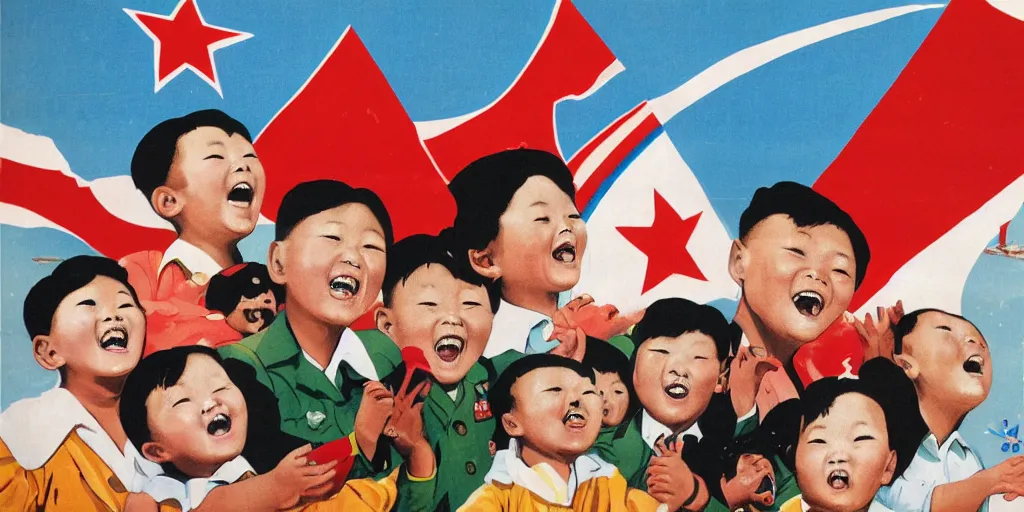 Prompt: north korean propaganda poster full of happy children