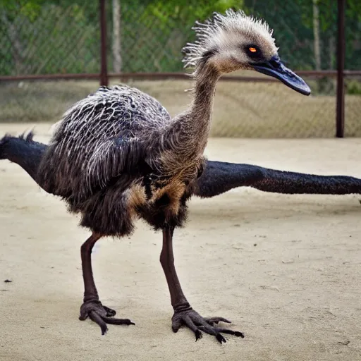 Image similar to ostrich and velociraptor hybrid animal, realistic picture, taken in zoo