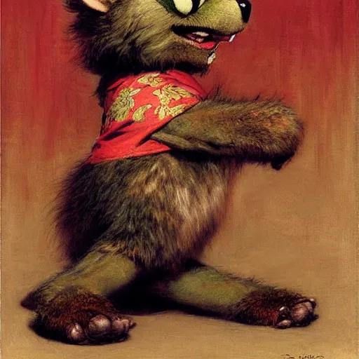 Image similar to a portrait of a furry hamato yoshi splinter wearing a red kimono, hairy, furry body, furry arms, feet, tail. highly detailed painting by gaston bussiere, craig mullins, j. c. leyendecker, furry