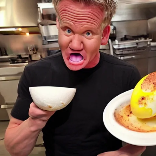 Image similar to < photo hd trending funny > gordon ramsey foams at the mouth with hunger after seeing a gigantic boiled egg < / photo >