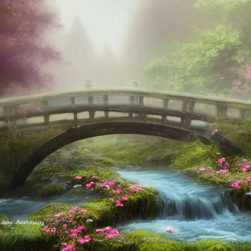 Image similar to matte painting of an old mason bridge decorated with flowers alongside above a small river stream, realistic, 4 k, artstation, dreamy, fog, volumetric lighting