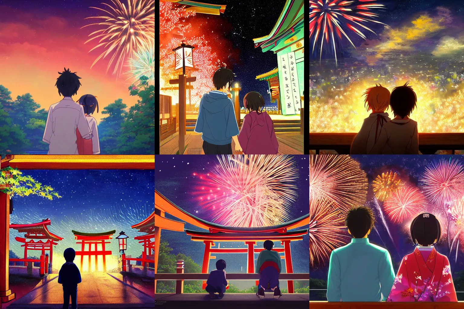 Prompt: beautiful painting of a boy and a girl at a shinto shrine looking up at the night sky illuminated by colorful new years fireworks, by makoto shinkai, trending on artstation, kimi no na wa