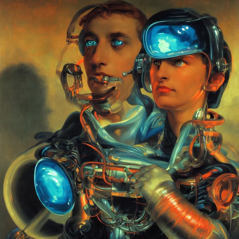 Prompt: a baroque neoclassicist close - up portrait of a colorful retrofuturistic blacklight uv cyborg scientist with glowing eyes, glowing fog in the background. renaissance portrait painting. highly detailed science fiction painting by norman rockwell, frank frazetta, and syd mead. rich colors, high contrast, gloomy atmosphere, dark background. trending on artstation