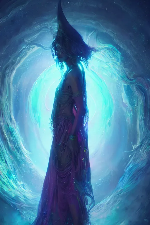 Image similar to a psychedlic full body portrait of a mysterious goddess with a very long hooded cloak made of stars and clouds, by maciej kuciara and jason chan, ominous, cosmic horror, trending on artstation, ultra detailed, hyper realistic 4 k, volumetric light, iridescent,