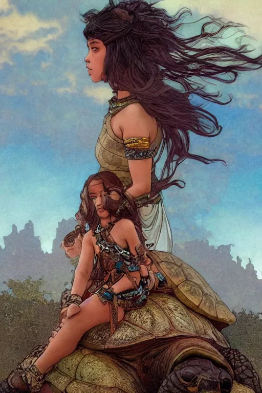 Image similar to a little warrior girl sitting on top of a giant turtle that is walking in the desert, seen from a distance. the girl is fully visible and has dark skin and beautiful green eyes, realistic full body and a very beautiful detailed face with long black hair. diffuse light, dramatic sky and landscape, fantasy illustration by mucha