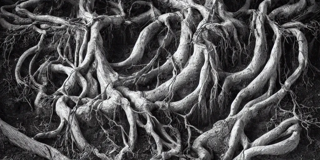 Image similar to portrait of a sickle getting overgrown by roots, forest, dolomites, alpine, detailed intricate insanely detailed octane render, 8k artistic 1920s photography, photorealistic, black and white, chiaroscuro, hd, by David Cronenberg, Raphael, Caravaggio