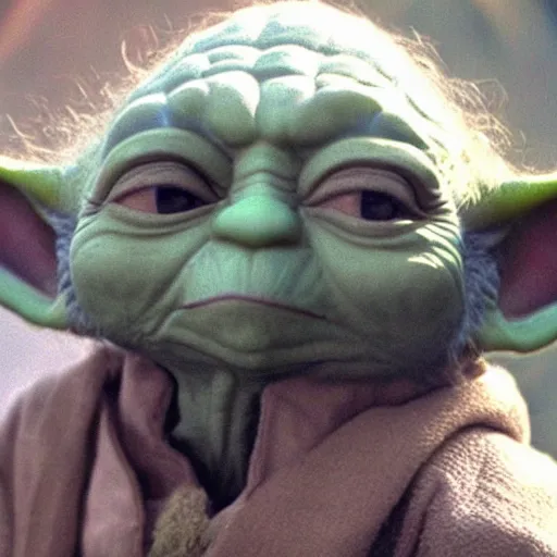 Image similar to extremely zoomed-in photo of Yoda looking surprised