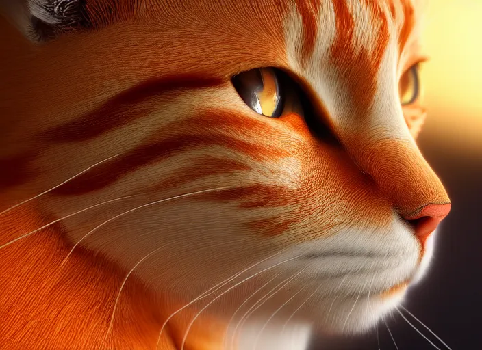 Image similar to closeup profile shot of an orange/white tabby cat, city lights, dramatic lighting, cinematic, high contrast, octane render, cgsociety, artstation, 4k