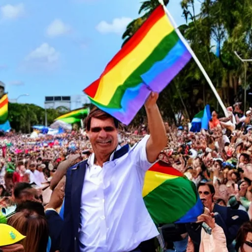 Image similar to photograph of president jair bolsonaro waving a rainbow flag at a pride parade