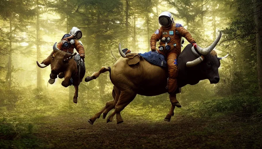 Image similar to american astronaut in the forest riding a bull, objects well lit, plants environment, wide angle, cinematic lighting, atmospheric, realistic, octane render, highly detailed, color graded, in the style of craig mullins