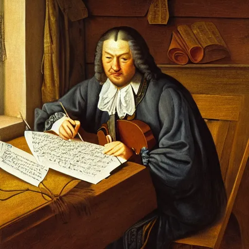 Image similar to highly detailed painting of bach writing a piece of music on a sheet of paper, he is inside of a wooden shack, 4 k resolution, by jaquis luis david, visible paint layers, renaissance.