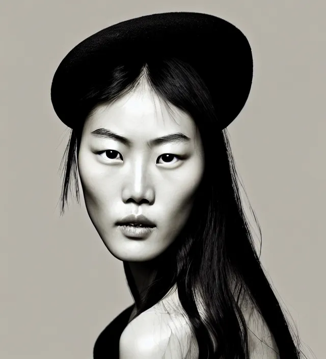 Image similar to photography facial portrait of liu wen, natural background, natural pose, wearing stunning hat by iris van herpen, with a colorfull makeup. highly detailed, skin grain detail, photography by paolo roversi, nick knight, helmut newton, avedon, araki