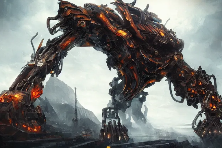 Image similar to giant mechanical beast smashing the ground, epic composition, large scale, digital art, sharp focus, trending on artstation, acton pose