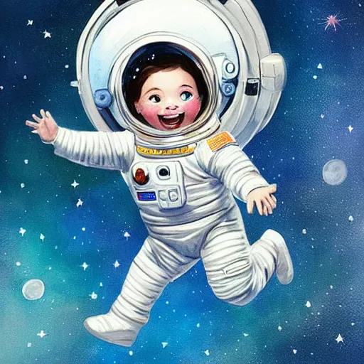 Image similar to a cute little girl with a round cherubic face, blue eyes, and short wavy light brown hair smiles as she floats in space with stars all around her. she is an astronaut, wearing a space suit. beautiful painting with highly detailed face by greg rutkowski and quentin blake