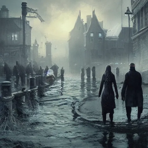 Image similar to shadow over innsmouth, people walking out of the water, painted by seb mckinnon, high detail, dramatic light, digital art, painted by greg rutkowski, promotional movie posterart, trending on artstation