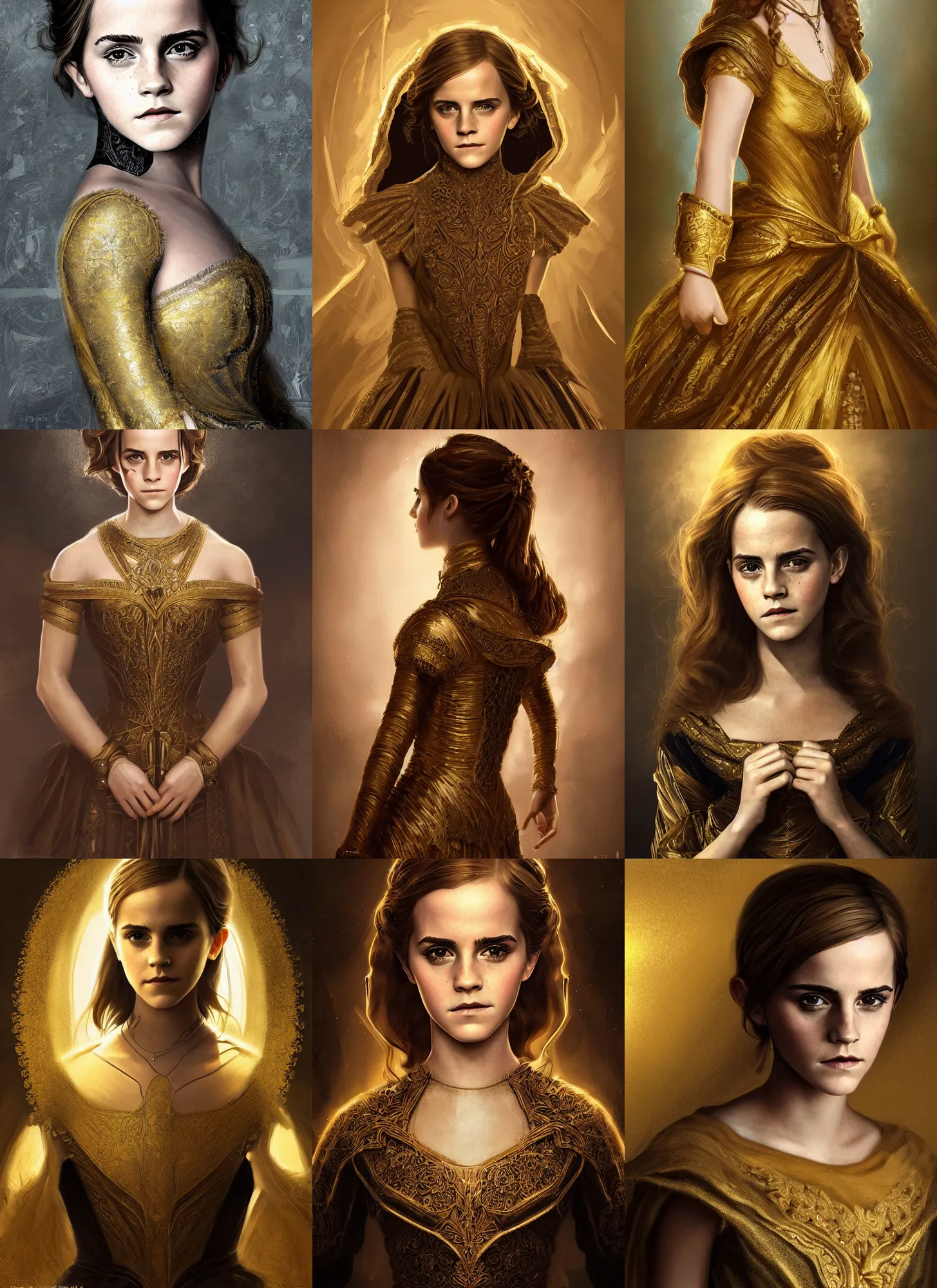 Prompt: emma watson symmetrical portrait as 1 0 yo renaissance princess, golden and black dress, intricate, elegant, volumetric lighting, highly detailed, digital painting, artstation, concept art, sharp focus, illustration, art by aleksi briclot, rutkowski