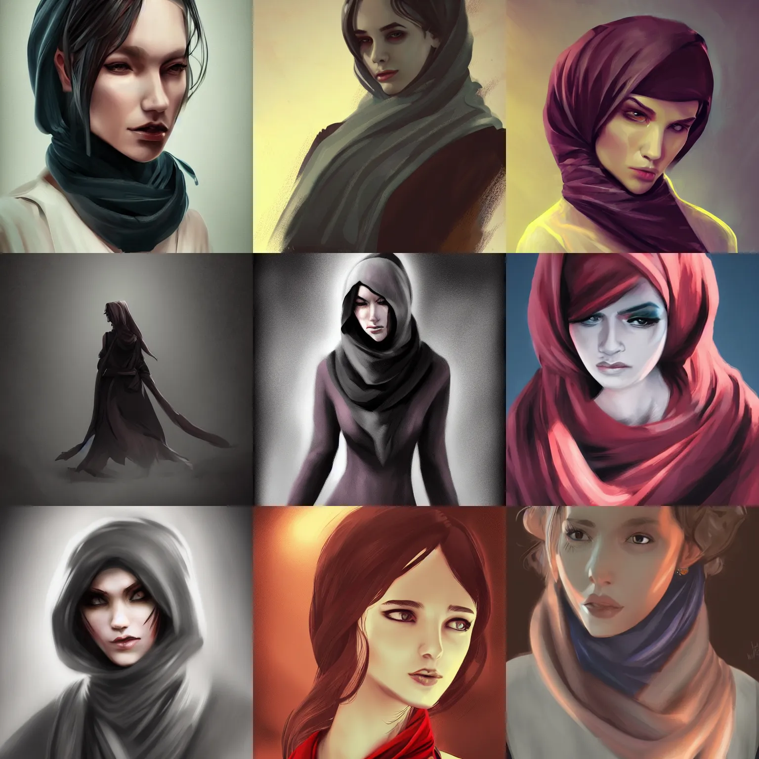 Prompt: Woman with scarf, dark, menacing, artstation, digital art