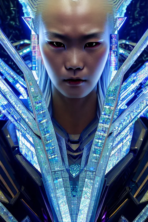 Image similar to akira from chinese mythology, hi - tech luciferian synthetic, gorgeous and huge head ornaments, dystopian, cyberpunk, mecha, halfturn portrait of a big crystal face made of crystals half - turn, ominous, intricate, studio, art by anthony macbain + greg rutkowski + alphonse mucha, concept art, 4 k, sharp focus