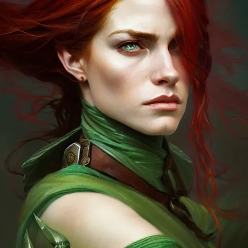 Image similar to Portrait of serious female ranger, D&D, green eyes, face, long red hair, fantasy, intricate, elegant, highly detailed, digital painting, artstation, concept art, smooth, sharp focus, illustration, art by artgerm and greg rutkowski and alphonse mucha