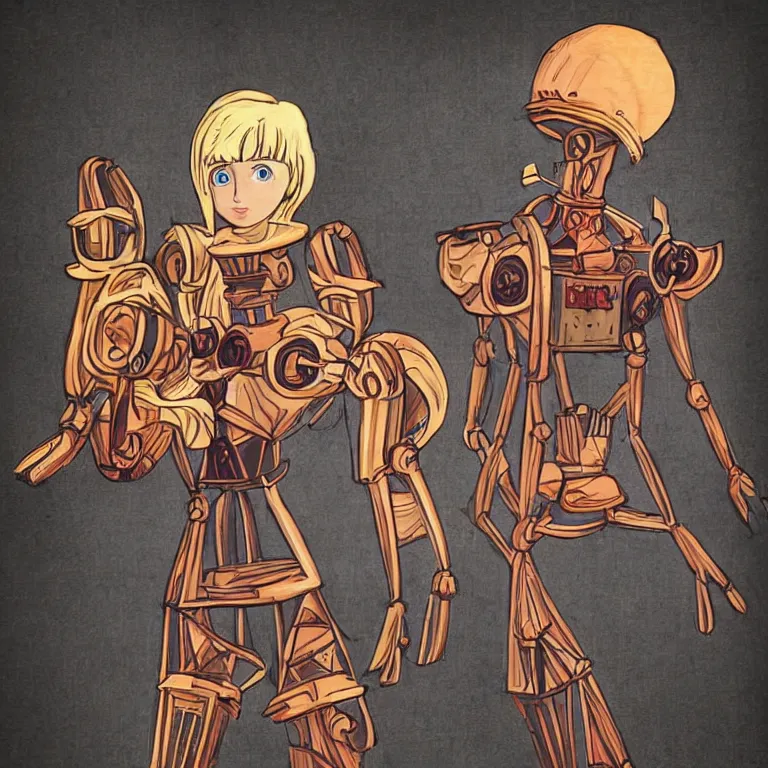 Image similar to a medieval robot made of wood dressed like sailor moon, award - winning digital art