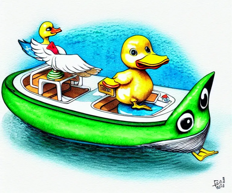 Prompt: cute and funny, duck riding in a tiny boat, ratfink style by ed roth, centered award winning watercolor pen illustration, isometric illustration by chihiro iwasaki, edited by craola, tiny details by artgerm and watercolor girl, symmetrically isometrically centered