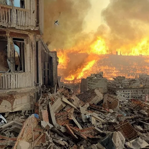 Image similar to a city is getting destroyed and buildings and palaces are collapsing a man from higher elevation looking at city while fire is everywhere and dead bodies and broken buildings are everywhere detailed