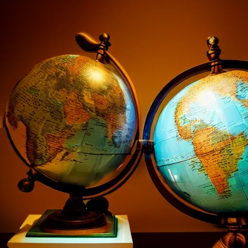 Prompt: medium-shot fantasy world globe in the museum, dreamy mood light, bokeh,