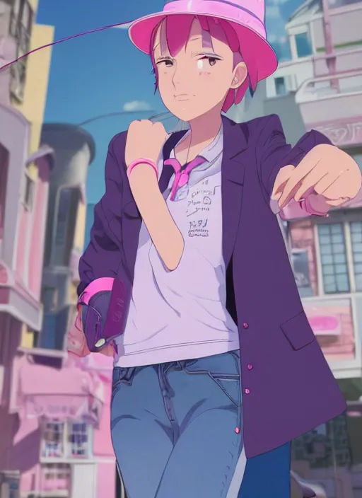 Image similar to a young woman, with a wavy short pink hair and pink fedora hat, wearing a light pink jacket with a dark blue tie, purple gloves and blue jeans shorts and white shoes. She is holding blue neon strings tied on her hand, rich vivid colors, ambient lighting, dynamic lighting, 4k, official media, anime key visual, makoto shinkai, ilya kuvshinov, lois van baarle, rossdraws, detailed, trending on artstation