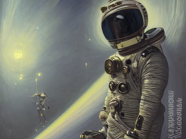 Image similar to a detailed profile oil painting of pilot in a spacesuit with reflective visor, flight suit, portrait symmetrical and science fiction dieselpunk theme with aurora lighting by beksinski carl spitzweg and tuomas korpi. baroque elements, full-length view. baroque element. intricate artwork by caravaggio. Trending on artstation. 8k