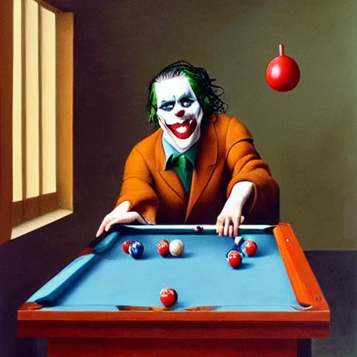 Image similar to the joker playing pool by tooker, george, surrealism, magical realism, scene