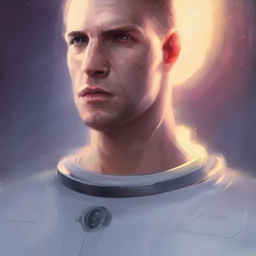 Image similar to portrait of a man with shocked expression by greg rutkowski, he is about 3 0 years old, short blond hair, athletic and strong, straight jaw, wearing futuristic space gear, highly detailed portrait, digital painting, artstation, concept art, smooth, sharp foccus ilustration, artstation hq.