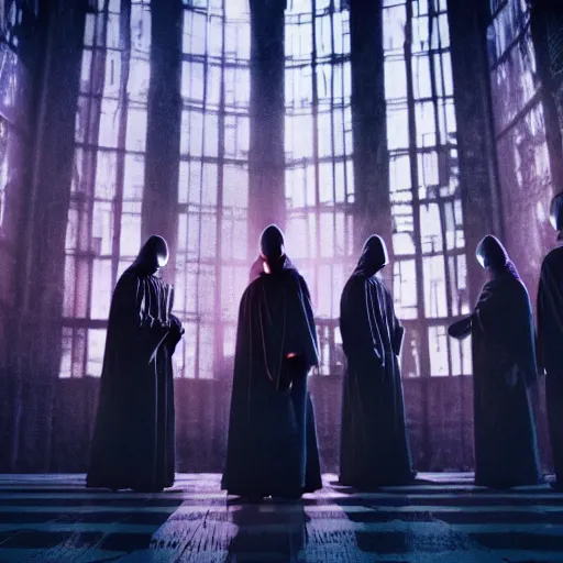 Image similar to electric warrior monks, robed, cyberpunk cathedral, special effects, neon, cyberpunk, realistic, cinematic style, visually stunning, 35mm, film post process